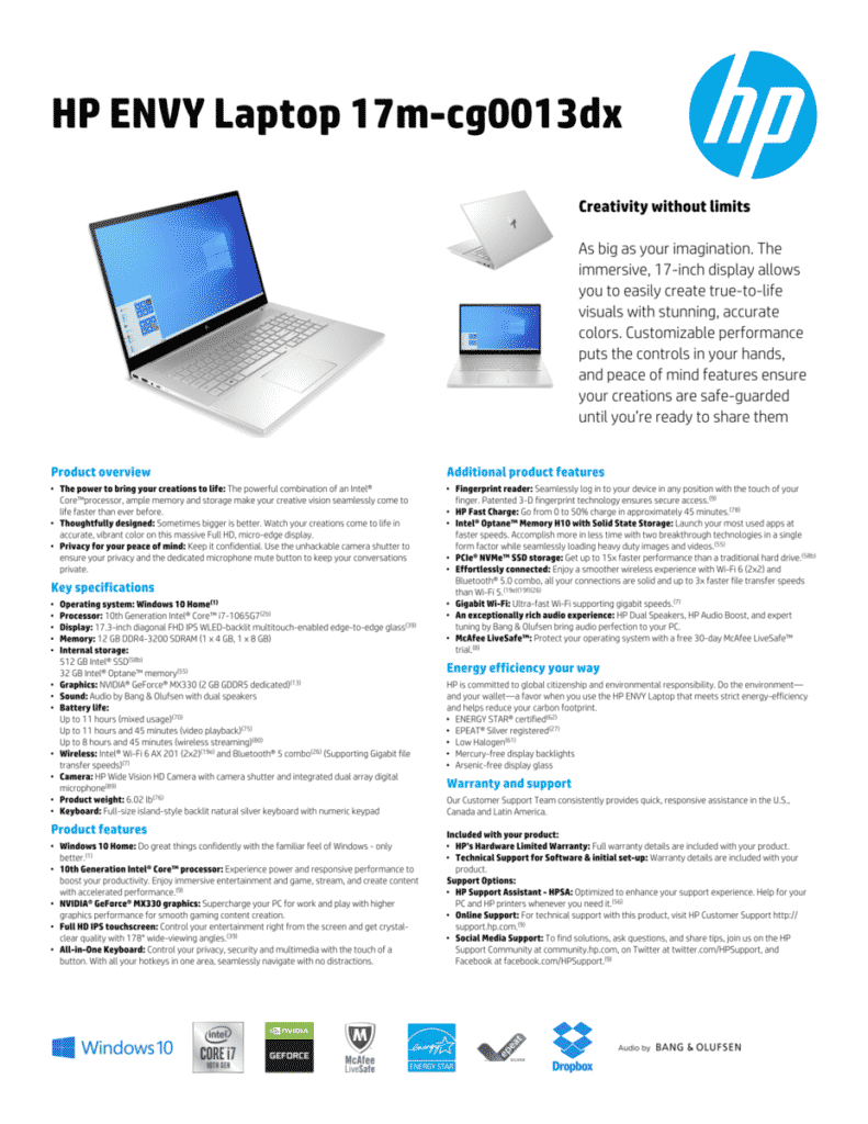 2020 HP Envy 17m with Ice Lake Core i7, 12 GB RAM, 512 GB SSD, & GeForce MX330 available for $1250 USD