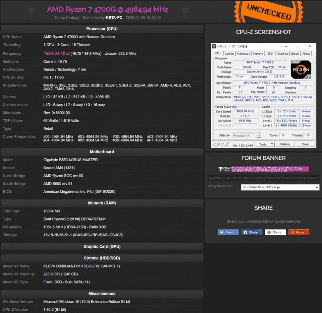 The 8-core AMD Ryzen 7 4700G pushed to almost 5.0 GHz across all cores