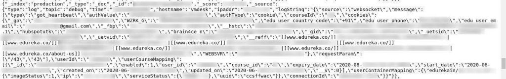 Server logs showing user email address and user Auth values_TechnoSports.co.in