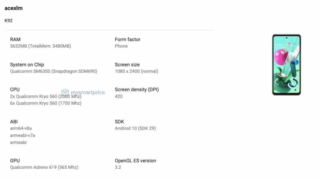 lg1 LG to launch its K92 with Snapdragon 690 SoC and 6GB RAM, Google Play Console listing suggests