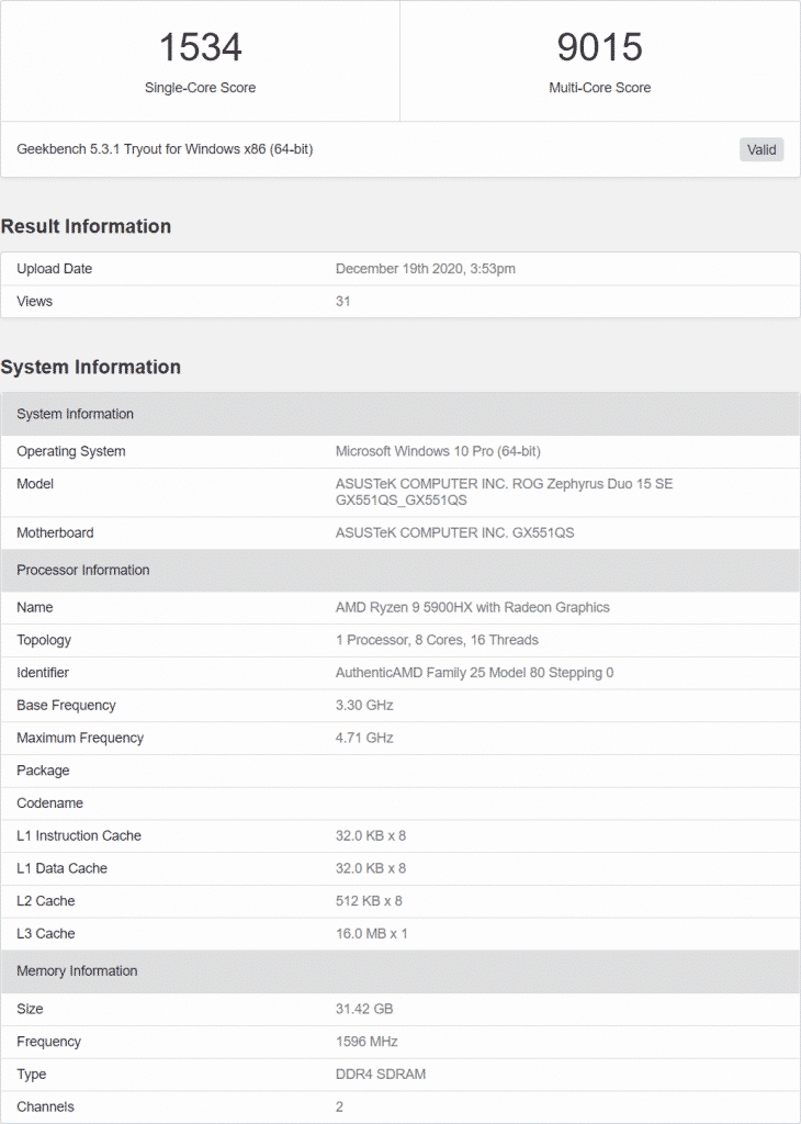 AMD Ryzen 9 5900HX Cezanne H Zen 3 8 Core Notebook CPU Benchmark Leak 1 AMD Ryzen 9 5900HX spotted on Geekbench database, beats desktop Core i7-10700K