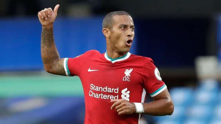 Thiago in defensive misery at Liverpool