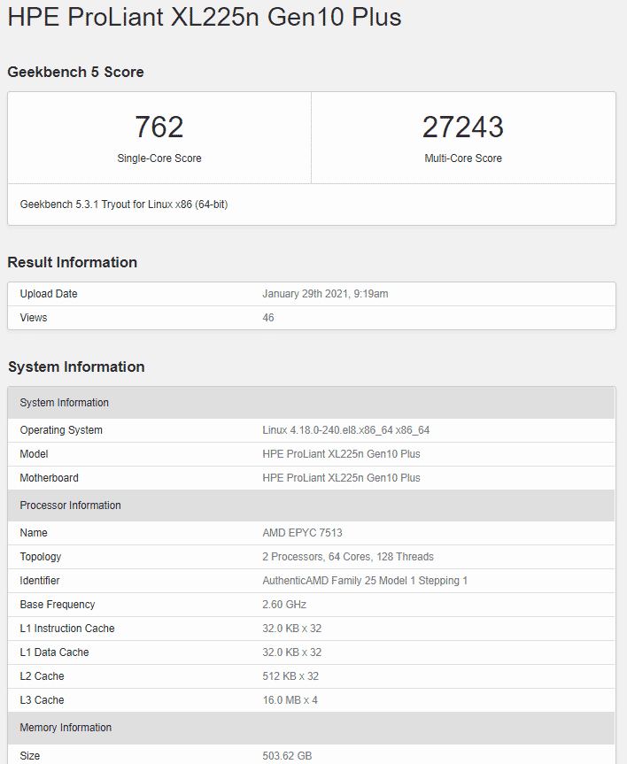 Screenshot 737 AMD EPYC 7643 & EPYC 7513 Milan CPUs leaked on Geekbench