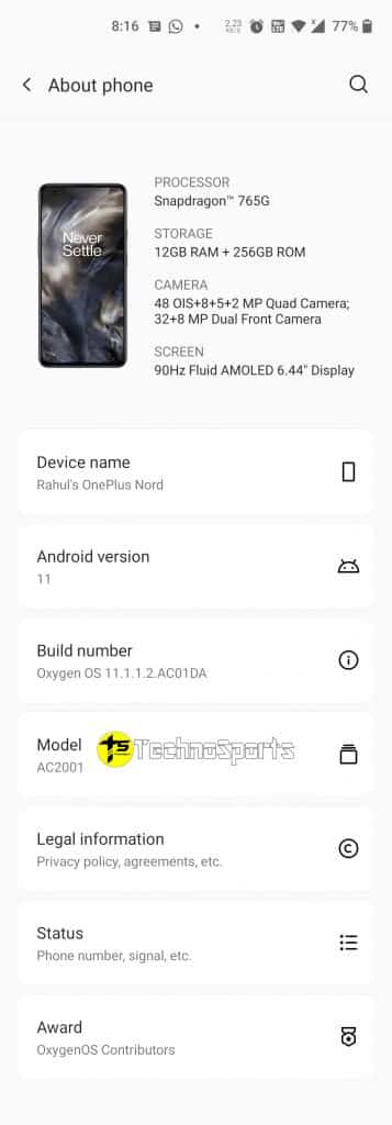 Screenshot 20210331 201607 1 OnePlus rolls out new Oxygen OS 11.1.1.2.AC01DA update for OnePlus Nord 5G
