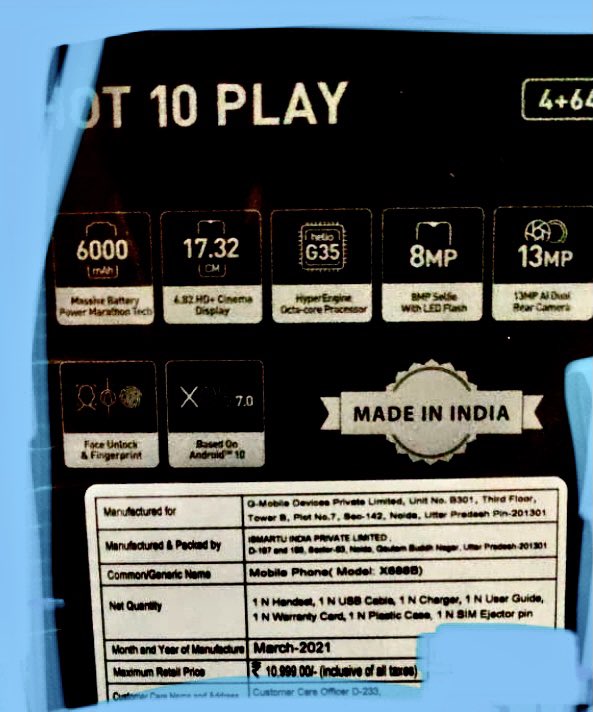 EyyNLyIVcAQGMGn Infinix Hot 10 Play specifications and price revealed in Indian box ahead of launch