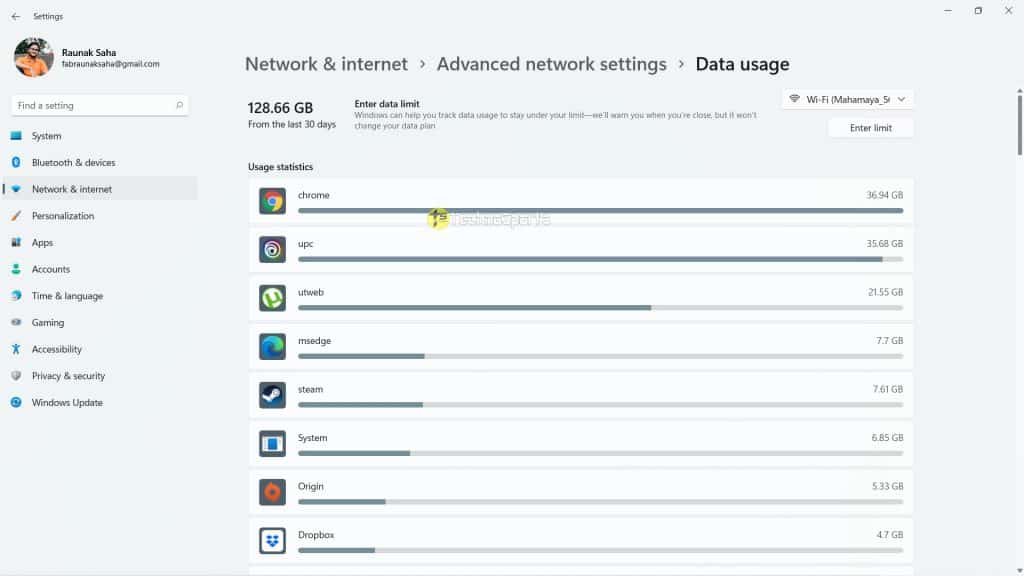 Data Usage - Windows 11 First Preview_TechnoSports.co.in