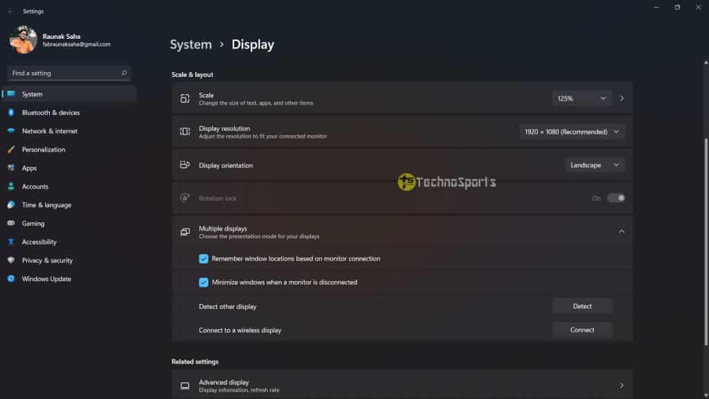 Display Settings - Windows 11 First Preview_TechnoSports.co.in