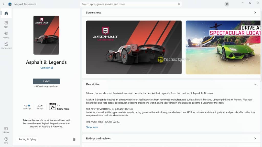 Microsoft Store - Asphalt 9 Page - Windows 11 First Preview_TechnoSports.co.in