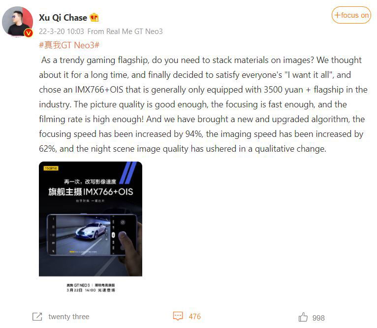 Chase Xu Realme GT Neo3 sony Realme GT Neo3 featuring the flagship Sony IMX766 sensor with OIS confirmed