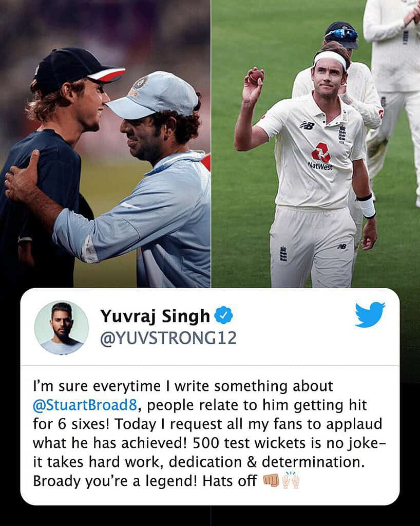 Stuart Broad was congratulated by Yuvraj Singh on his 500 Test Wickets on July 2020. Via ESPNcricinfo 1 Stuart Broad Retires from Test Cricket after Ashes 5th Test