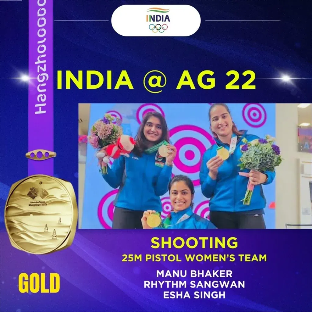 Womens 25m Pistol Shooting Team of Manu Bhaker Esha Singh and Rhythm Sangwan Image via Twitter India Shines Bright in Women's Shooting at Asian Games 2023