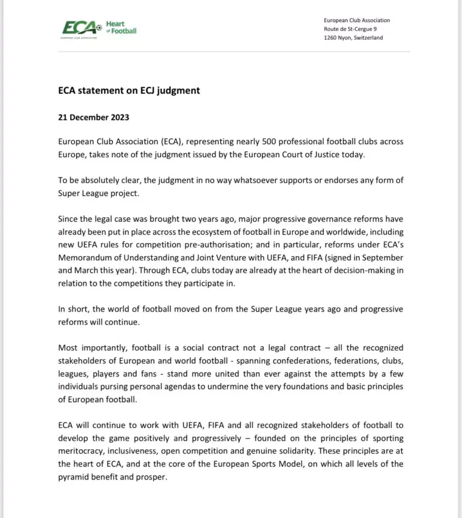 ECA Official Statement on Super League Image Credits Twitter Super League: Court Rules FIFA and UEFA Regulations Blocking It as Unlawful