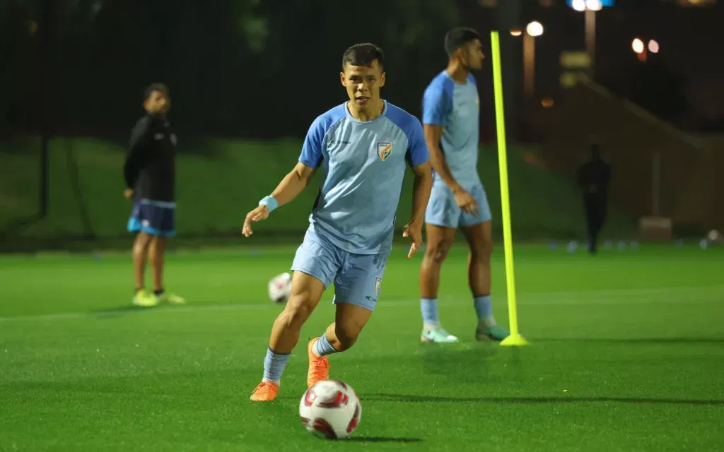 Indian Football Teams Surensh Wangjam in Practice Ahead of Their Clash with Syria Image Credits Twitter How Can India Qualify for the AFC Asian Cup 2023 Knockouts? Assessing All the Possible Situations
