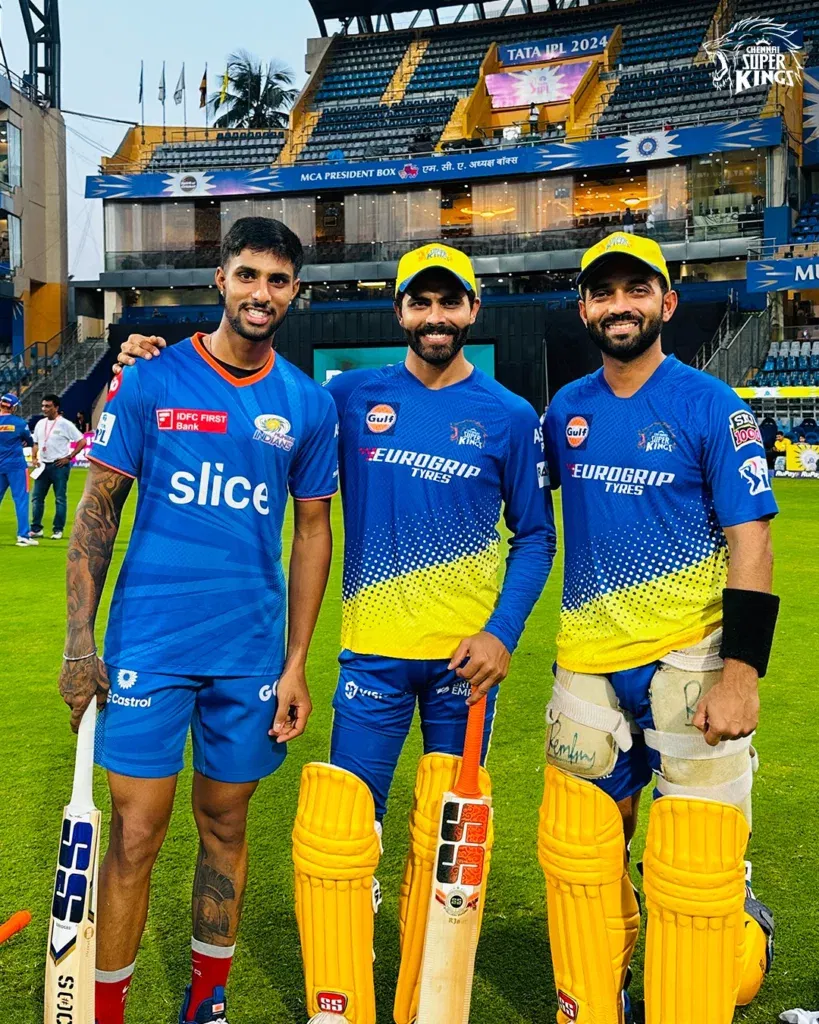 Tilak Verma Ravindra Jadeja and Ajinkya Rahane Image Credits CSK Twitter IPL 2024: MI vs CSK – Match Preview, Prediction, Team News and Fantasy XI 