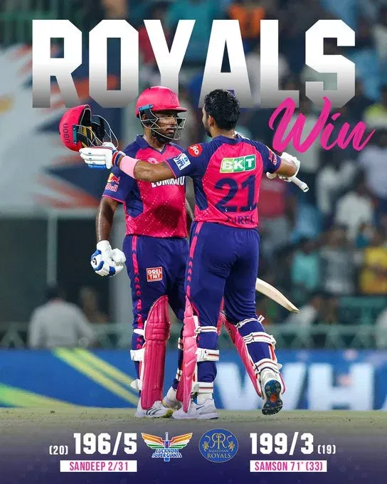 image 17 42 jpg IPL 2024 LSG vs RR : Rajasthan Royals Clinch Victory with Samson's 71 to Beat Lucknow Super Giants by 7 Wickets