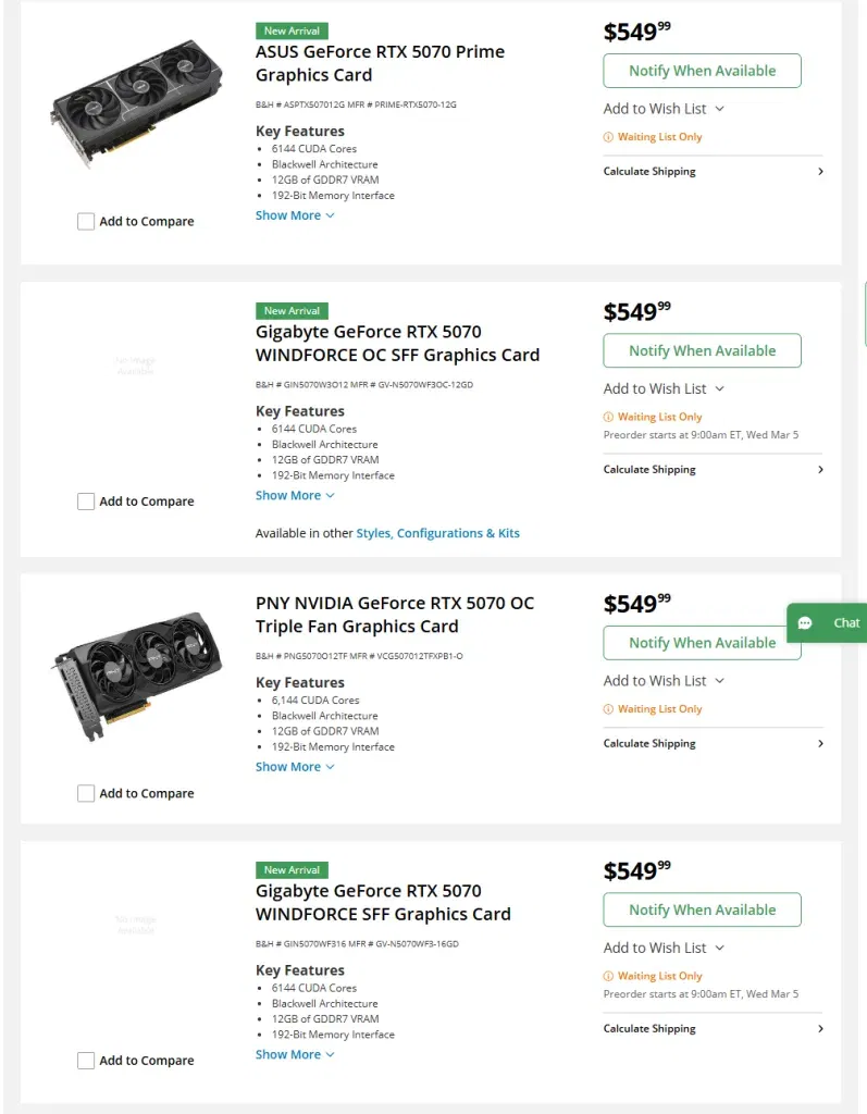 RTX 5070 listings B and H GeForce RTX 5070 Listings Surface Online: Base & OC Editions Priced at $549