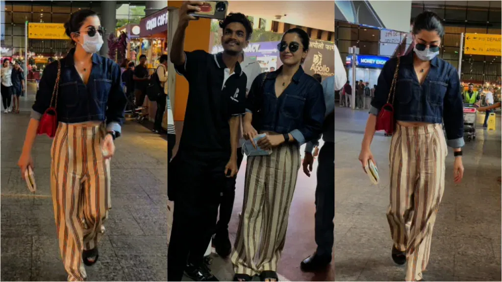 rasssdv 2 Rashmika Mandanna Chic Airport Look: How to Nail Korean Fashion with Striped Pants