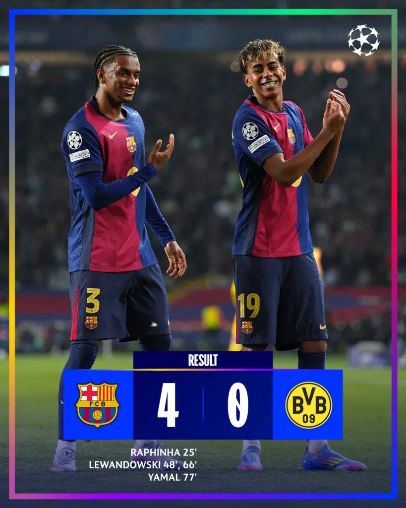 Barcelona vs Borussia Dortmund 1 UEFA Champions League 2024-25: Rampant Barcelona Punish Dortmund as Lewandowski Bags Brace in Stunning 4-0 Victory