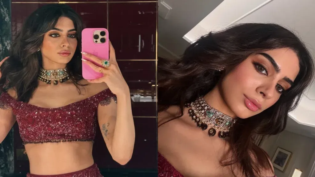 image 371 Khushi Kapoor Sangeet Sensation: Maroon Lehenga, Choker, and Contour Perfection Steal the Show