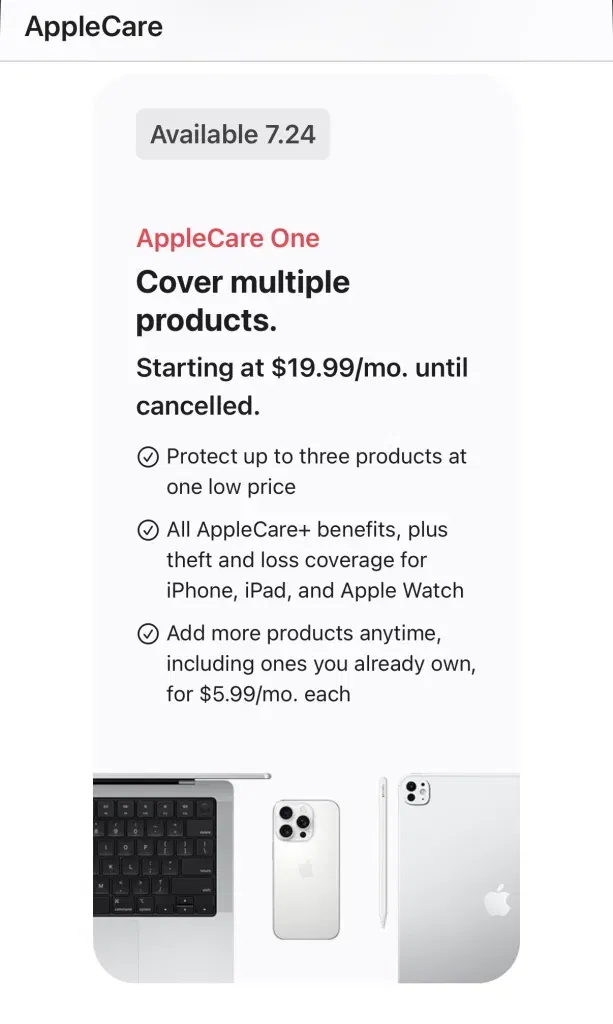 AppleCare+ One Multi-Device Coverage Subscription Plan Launched at $19.99 for Three Devices