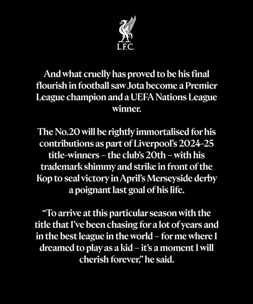 Liverpool fc announce that diogo jota's 'no. 20 will be rightly immortalised for his contributions'