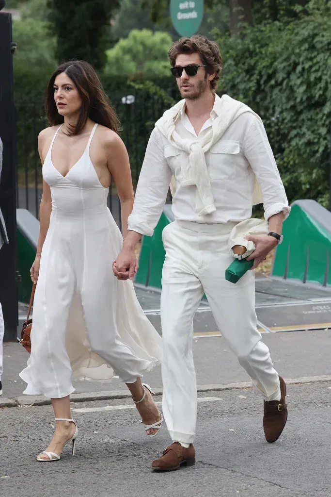 Monica barbaro and andrew garfield share moment at wimbledon in matching white
