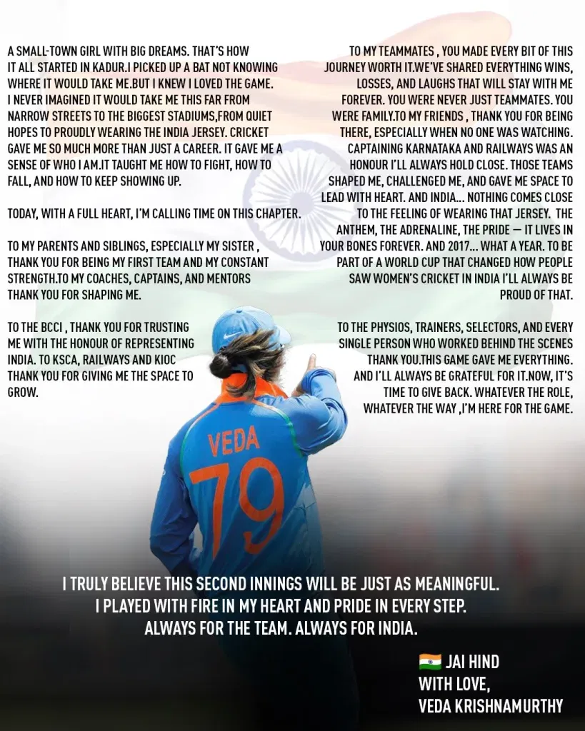 Veda krishnamurthy bids farewell to professional cricket