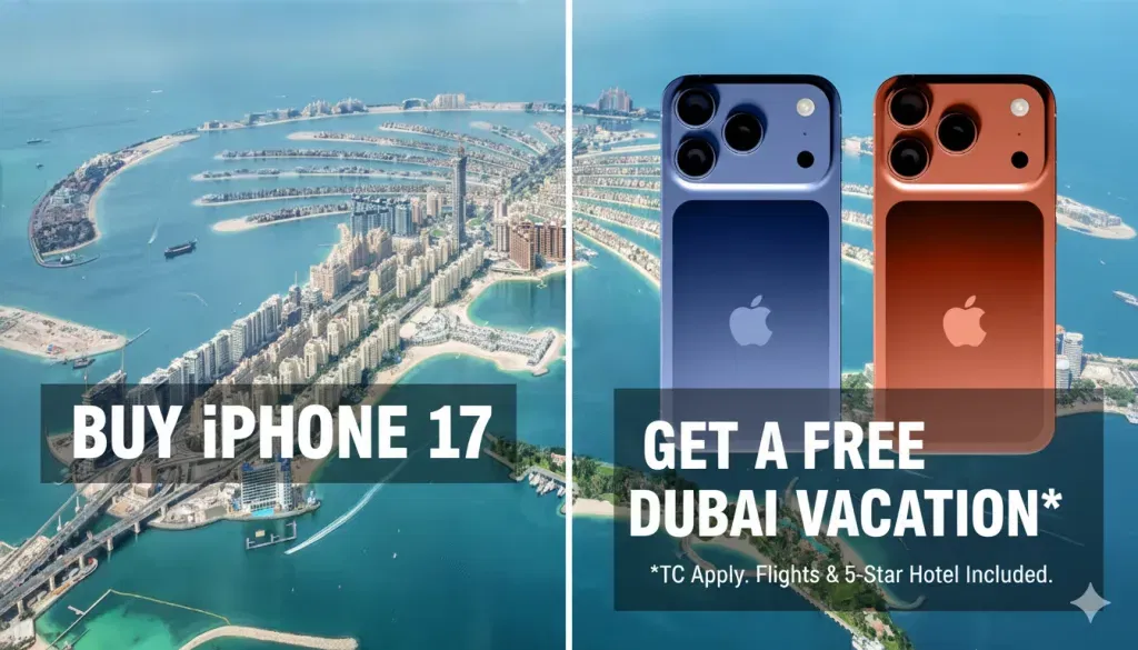merge both these images into one based on this topic that buy iPhone 17 in Dubai and get a free vacation